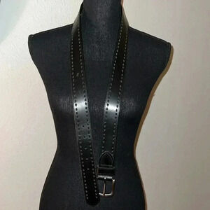 Unisex Genuine Black Perforated Leather Belt with Brushed Silver Buckle XL